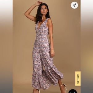 Lulu’s make it beautiful cream floral print ruffled tie-back jumpsuit